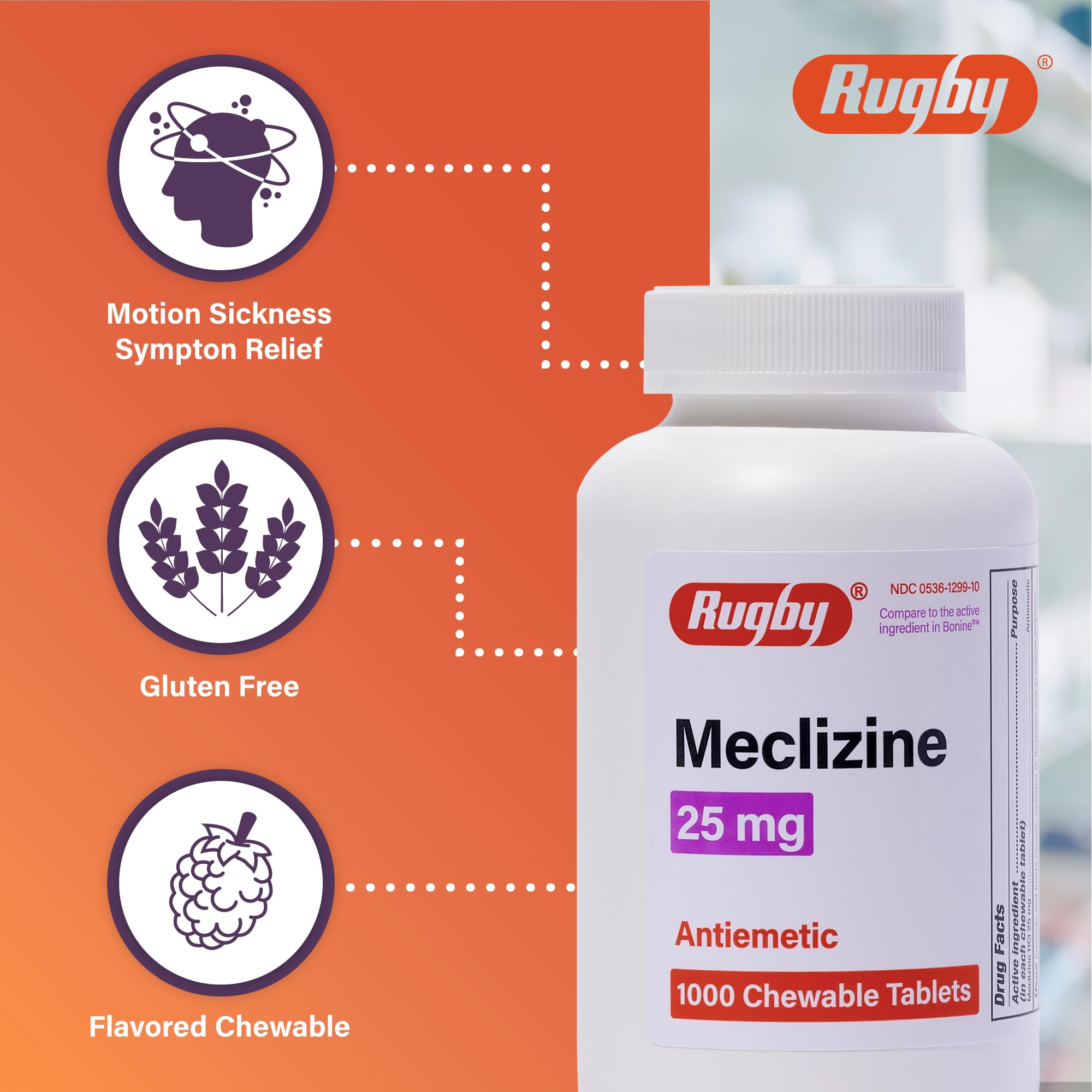 Goût agréable des comprimés Meclizine Rugby, pratique en voyage.
