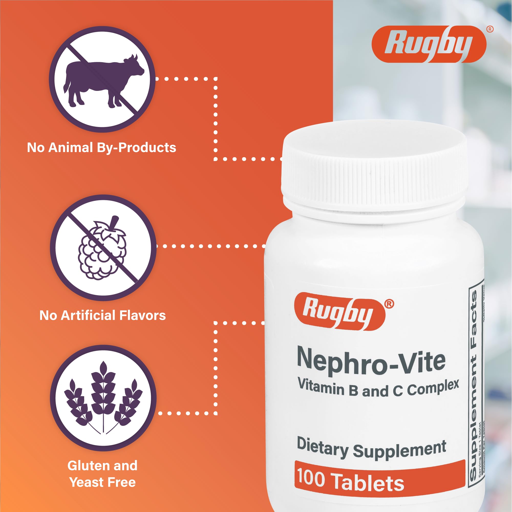 Rugby Nephro-Vite, tablettes vitaminées B et C utiles au quotidien.