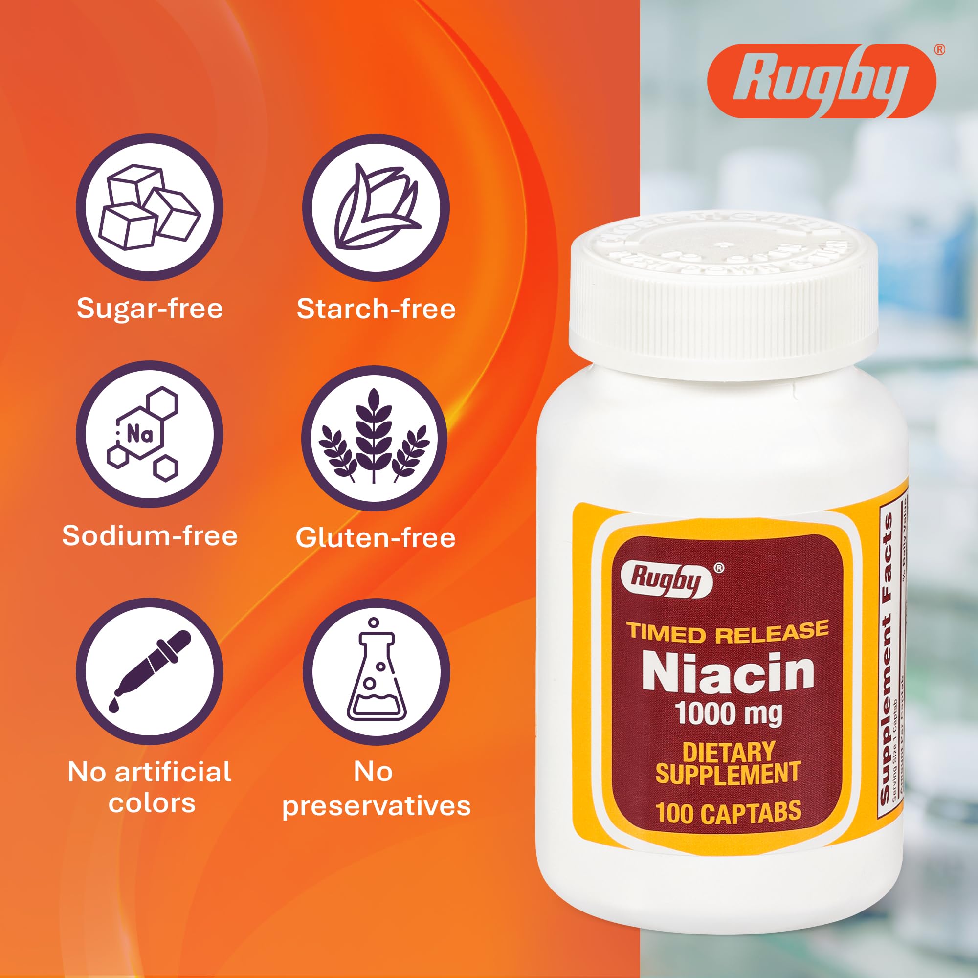 Rugby Laboratories Niacin – emballage soigné et facile à ranger.