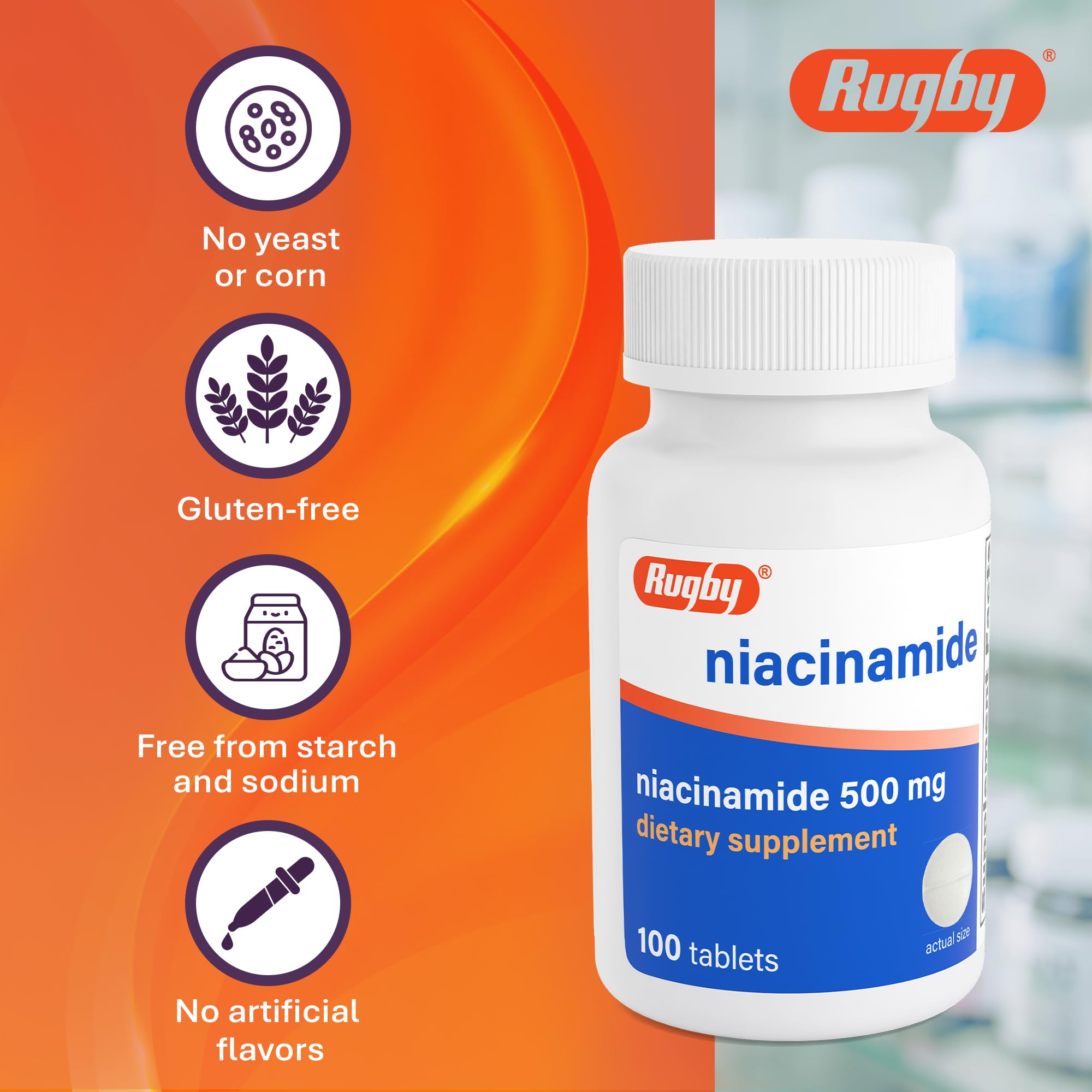 Rugby Niacinamide 500 mg, présentation compacte pour routine quotidienne.