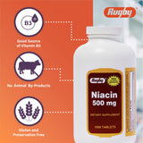 Étiquette Rugby Niacine 500 mg avec informations claires sur le produit.