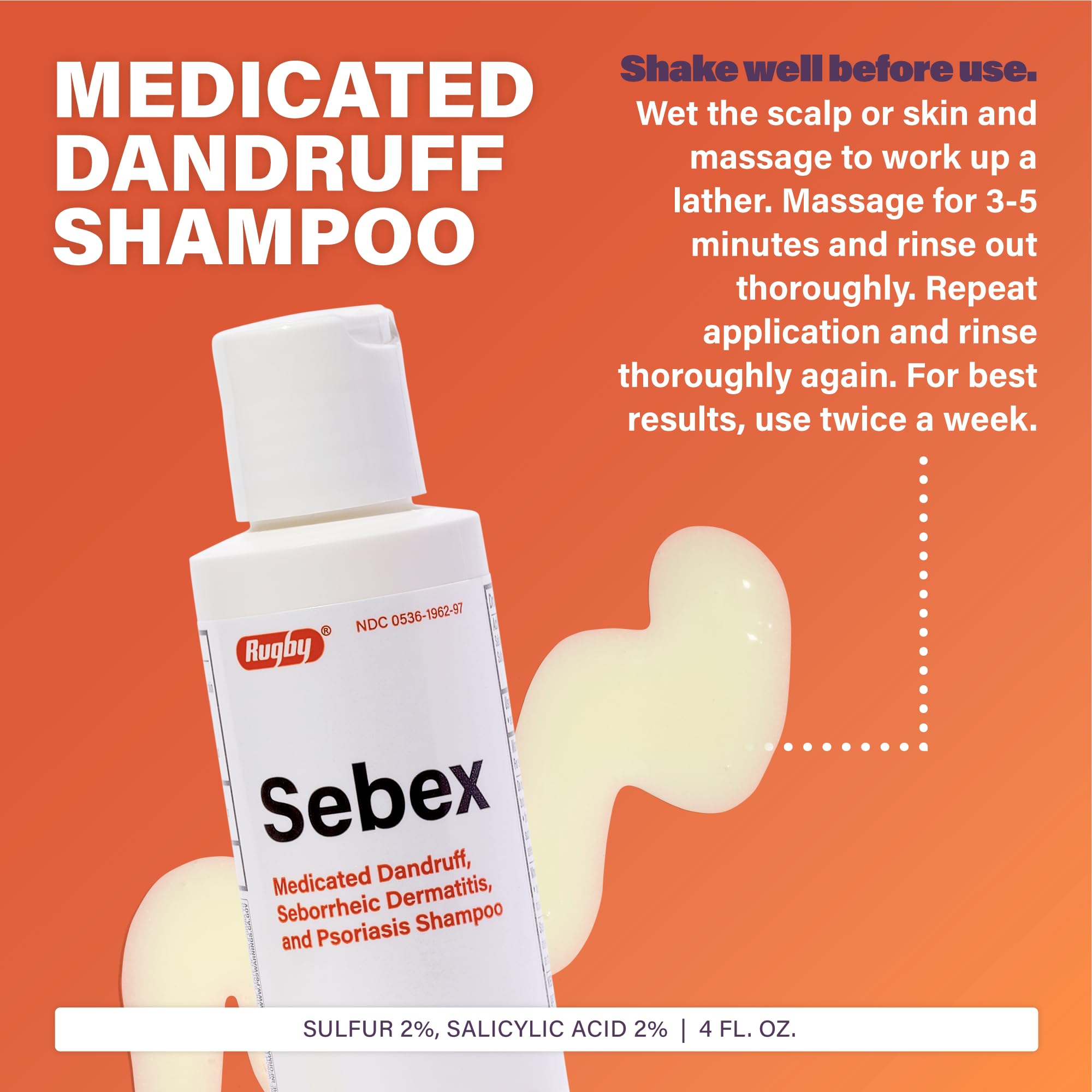Rugby Sebex Shampoing: étiquette indique 2% soufre et 2% acide salicylique.