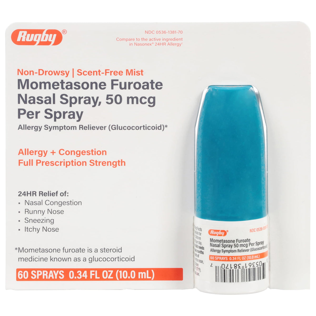 RUGBY LABORATORIES spray nasal Mometasone 50 mcg, flacon compact, soulagement possible des symptômes nasaux.