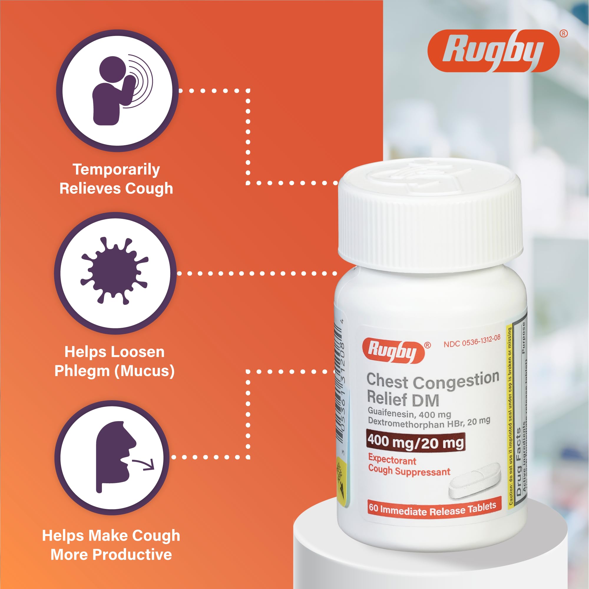 Rugby Laboratories – étiquette de 20 mg dextrométhorphane, pour le contrôle de la toux.