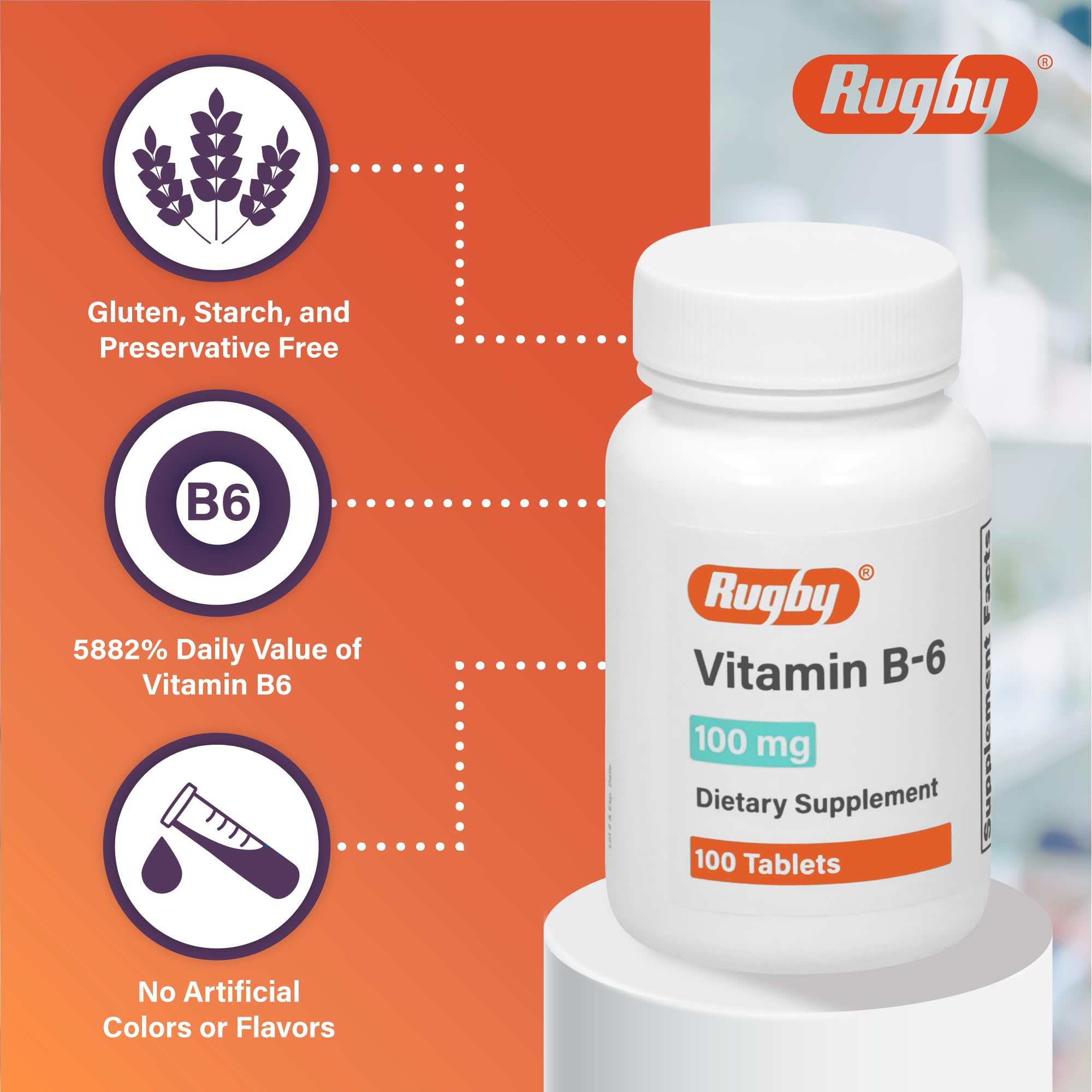 Étiquette claire Rugby Laboratories – tablettes B6 100 mg avec informations essentielles.