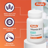 Étiquette claire Rugby Laboratories – tablettes B6 100 mg avec informations essentielles.