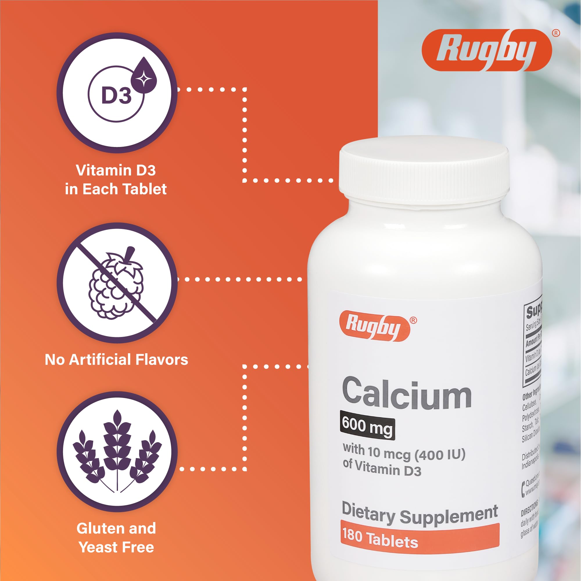 RUGBY LABORATORIES vitamine-d3-400iu-tablets: vitamine D3 dans chaque comprimé.