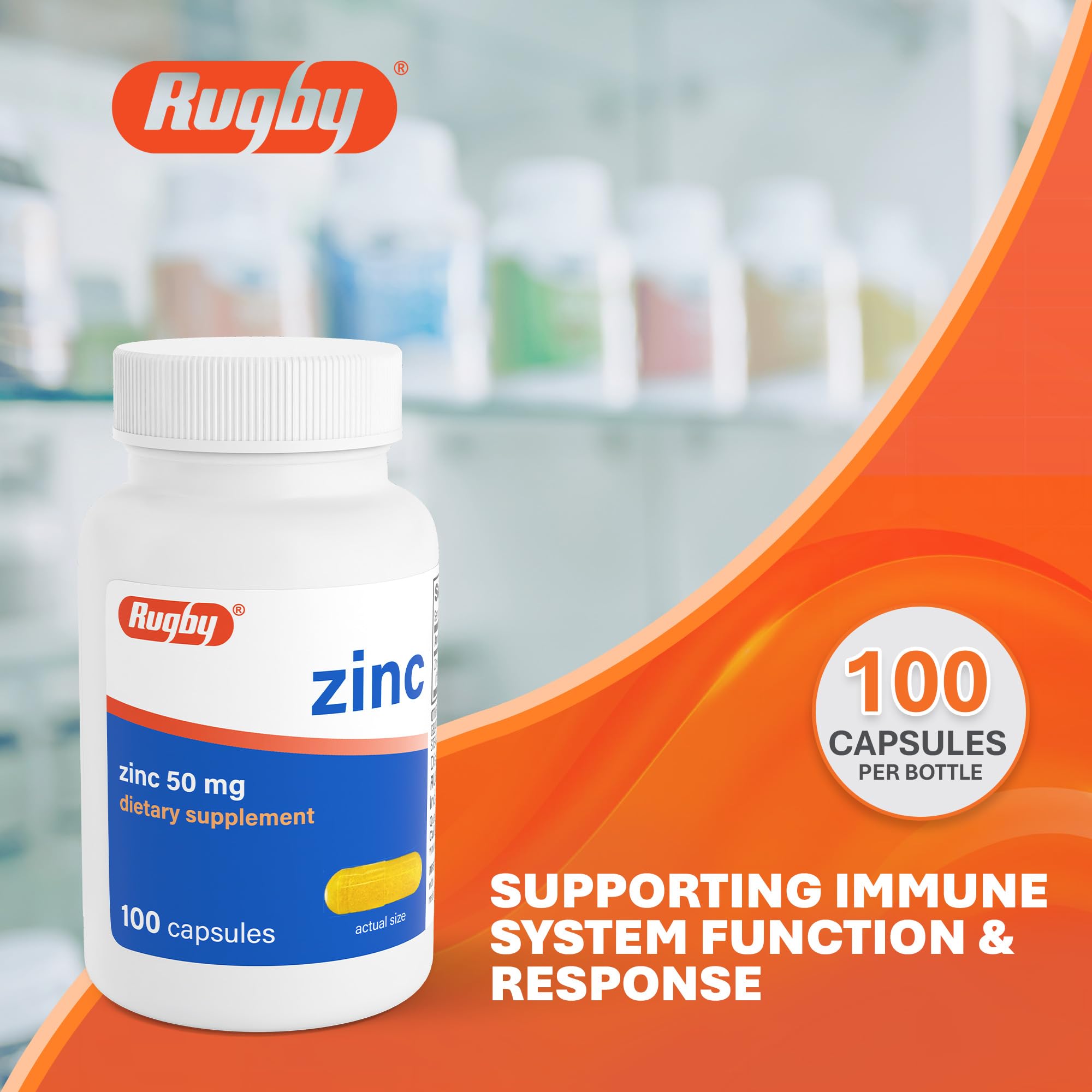 Rugby Laboratories Zinc 50 mg - formule sans gluten adaptée à divers régimes.