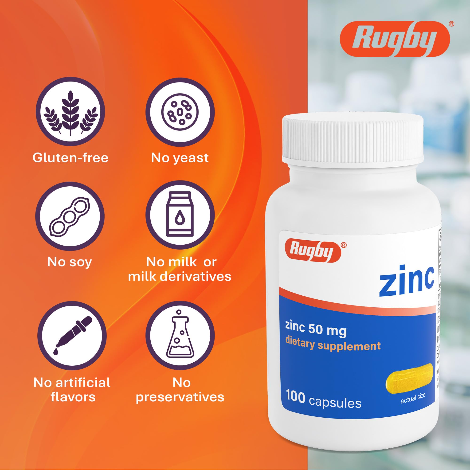 Rugby Laboratories Zinc 50 mg - sans arômes artificiels et sans allergènes courants.