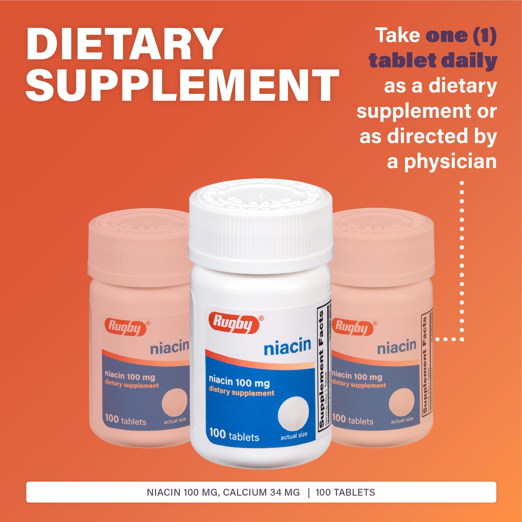 Rugby Niacin 100 mg - étiquette lisible indiquant la posologie