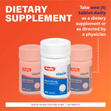 Rugby Niacin 100 mg - étiquette lisible indiquant la posologie