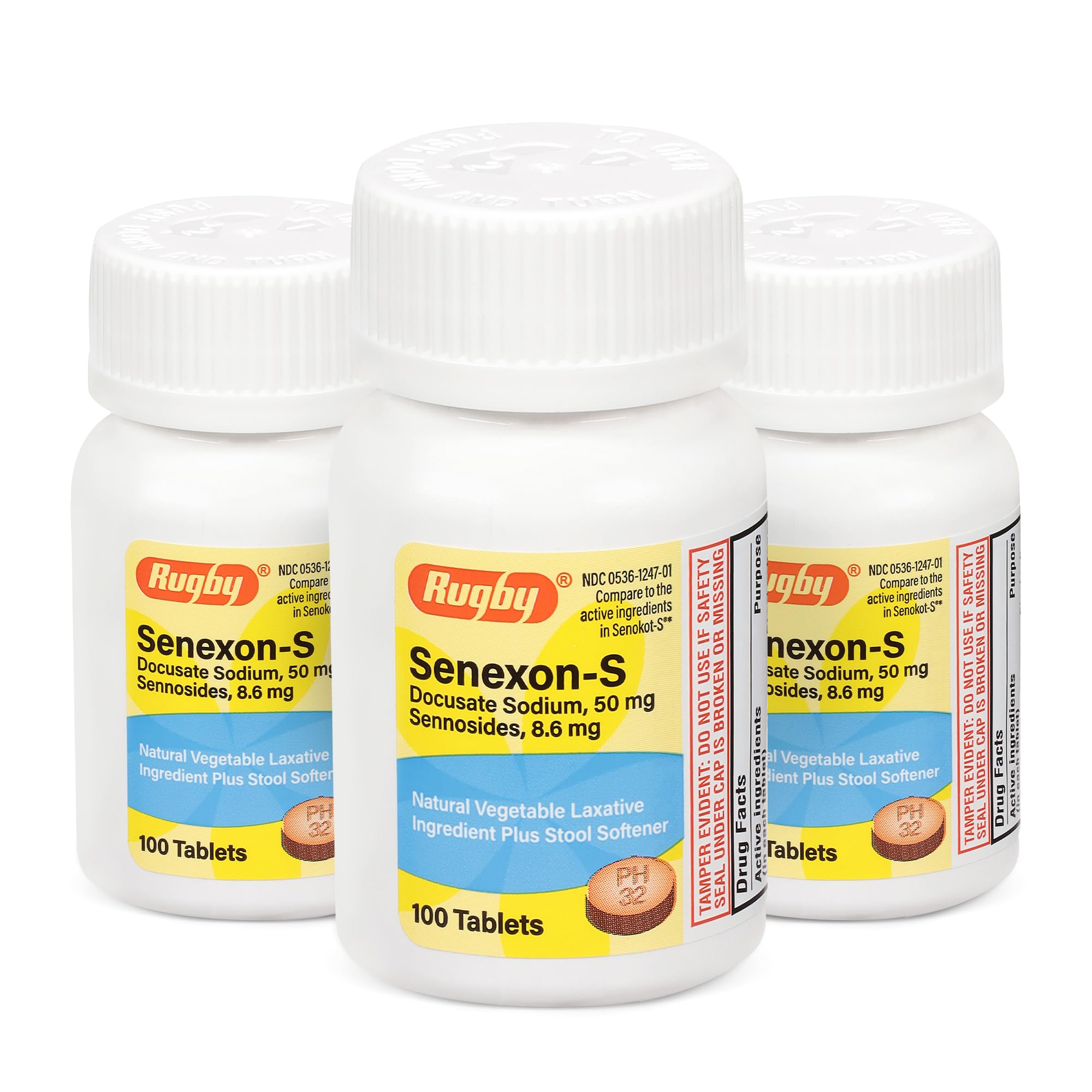 Rugby Senexon-S, bouteille de comprimés, soutien potentiel à la régularité digestive.