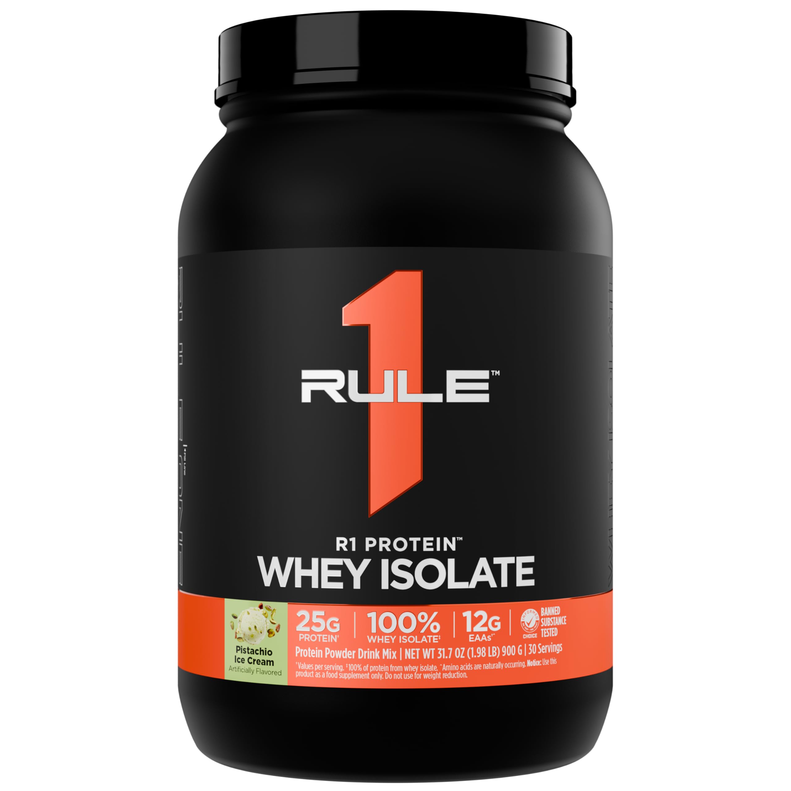 Rule 1 Protéine whey isolatée pistache-glace dans un shaker, récupération rapide.