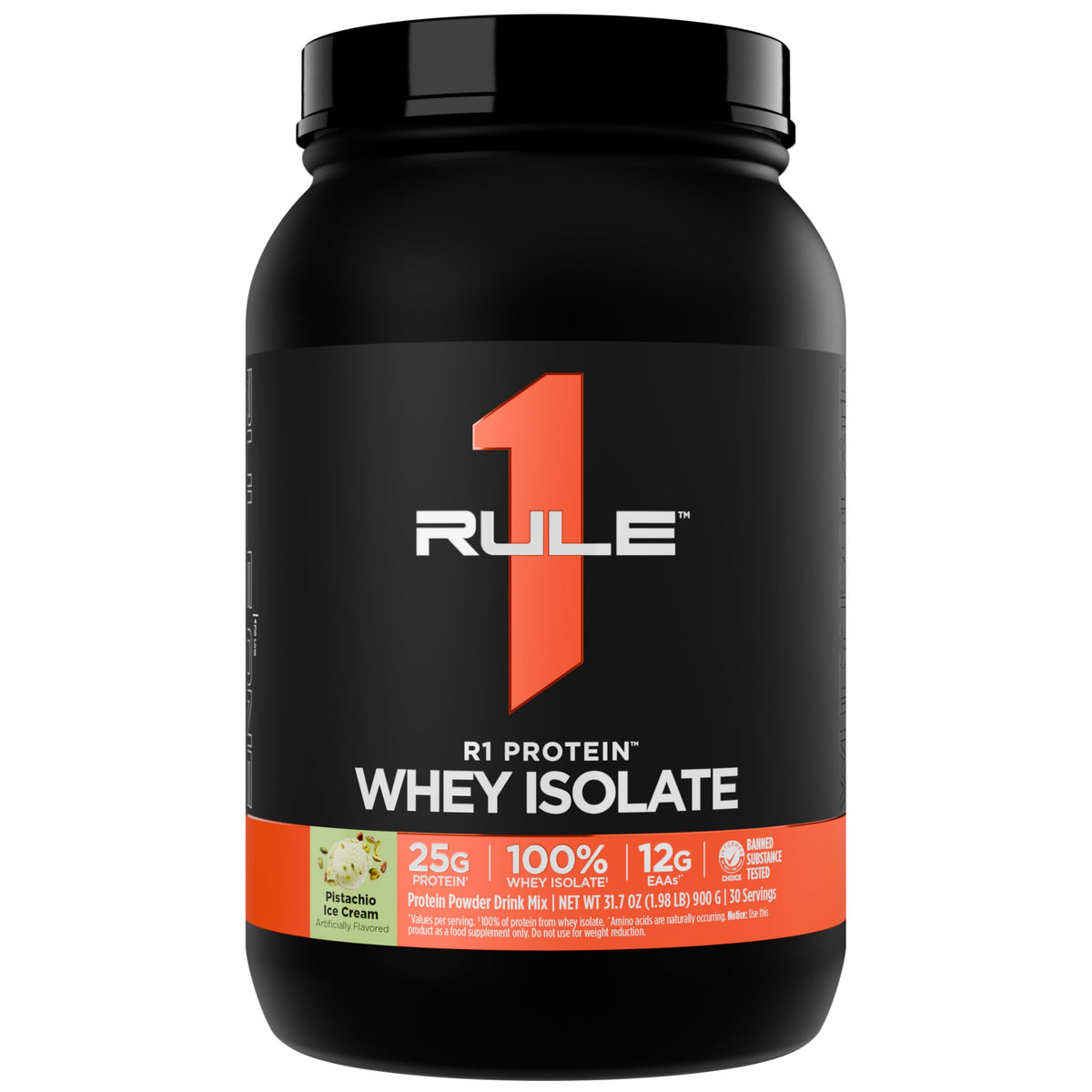 Rule 1 Protéine whey isolatée pistache-glace dans un shaker, récupération rapide.