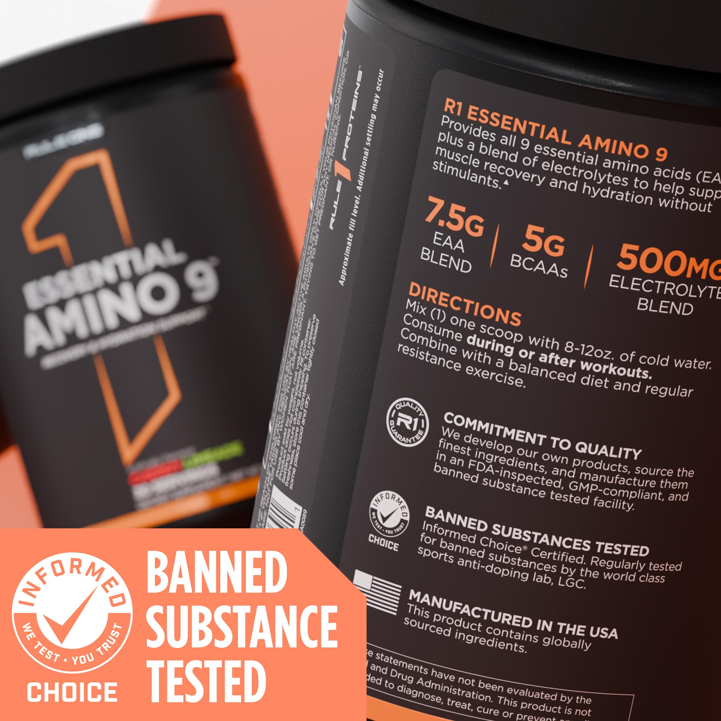 Rule 1 Essential Amino 9, emballage élégant sur étagère, utilisation même les jours sans entraînement