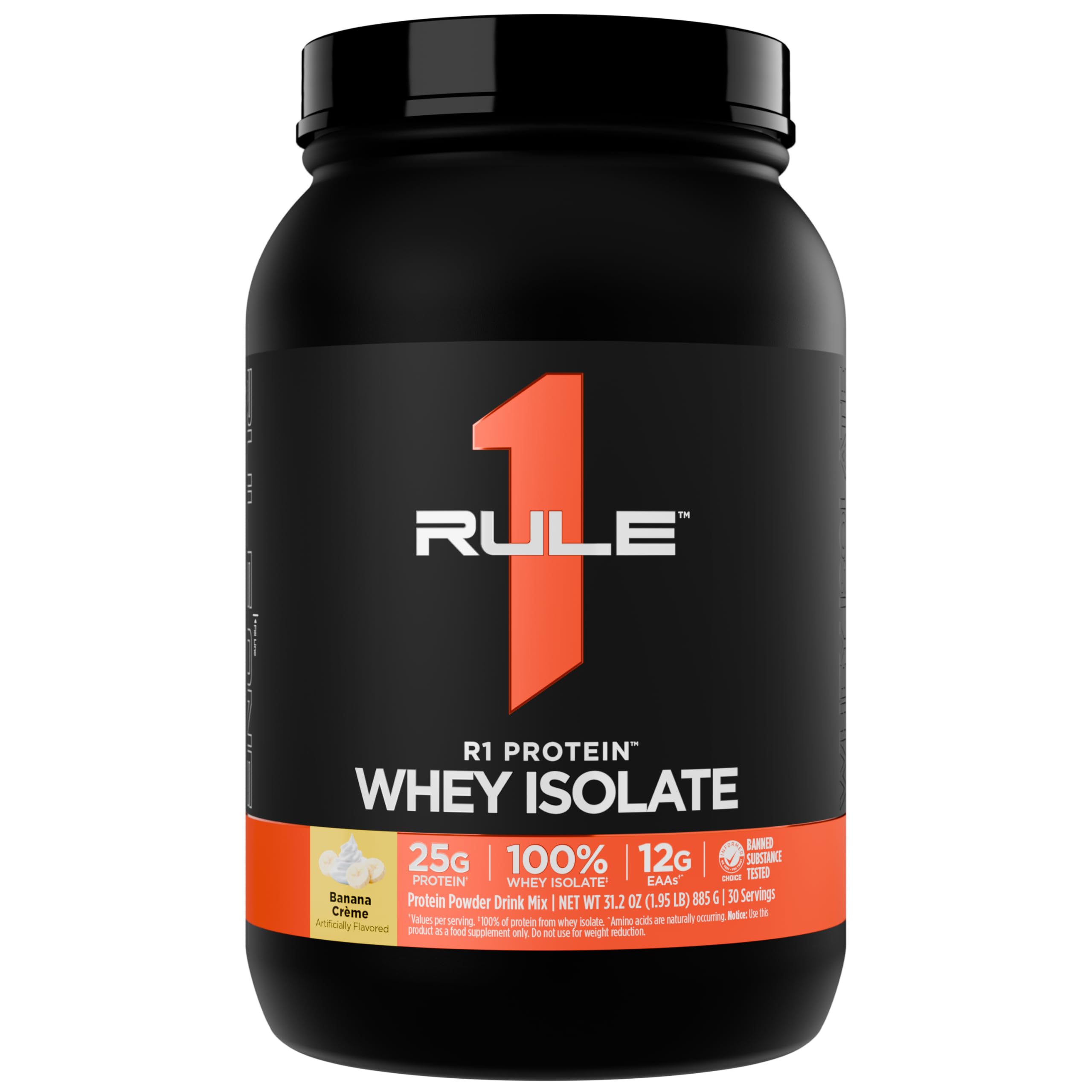 Rule 1 R1 Protein Whey Isolate dans sa boîte Banane Crème prête à déguster.