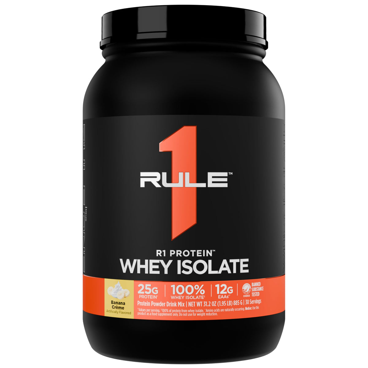 Rule 1 R1 Protein Whey Isolate dans sa boîte Banane Crème prête à déguster.