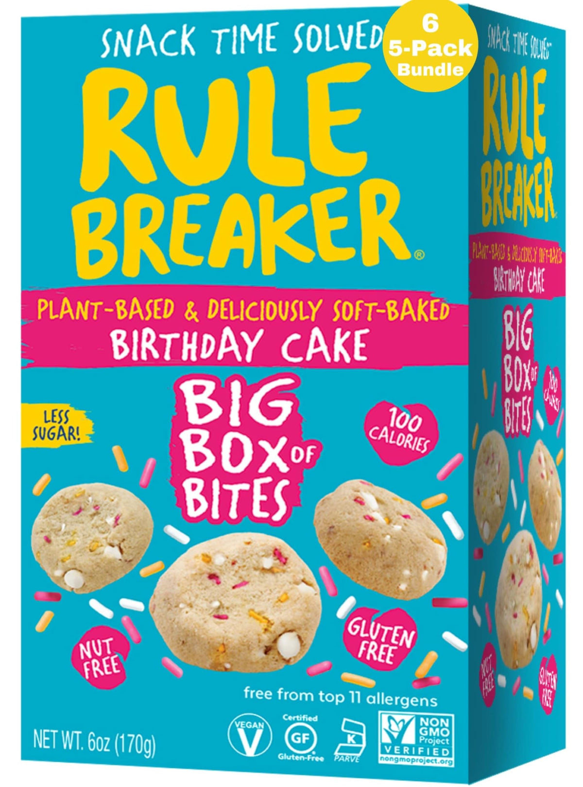Rule Breaker biscuits végan sans gluten en boîte anniversaire, parfait pour un goûter festif.