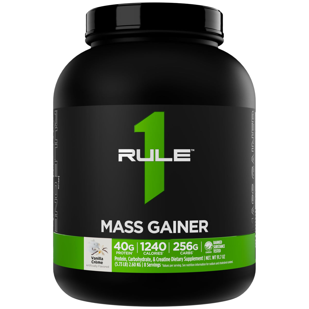 Rule1 Mass Gainer: verre shaker avec poudre pour énergie rapide pendant l'entraînement.