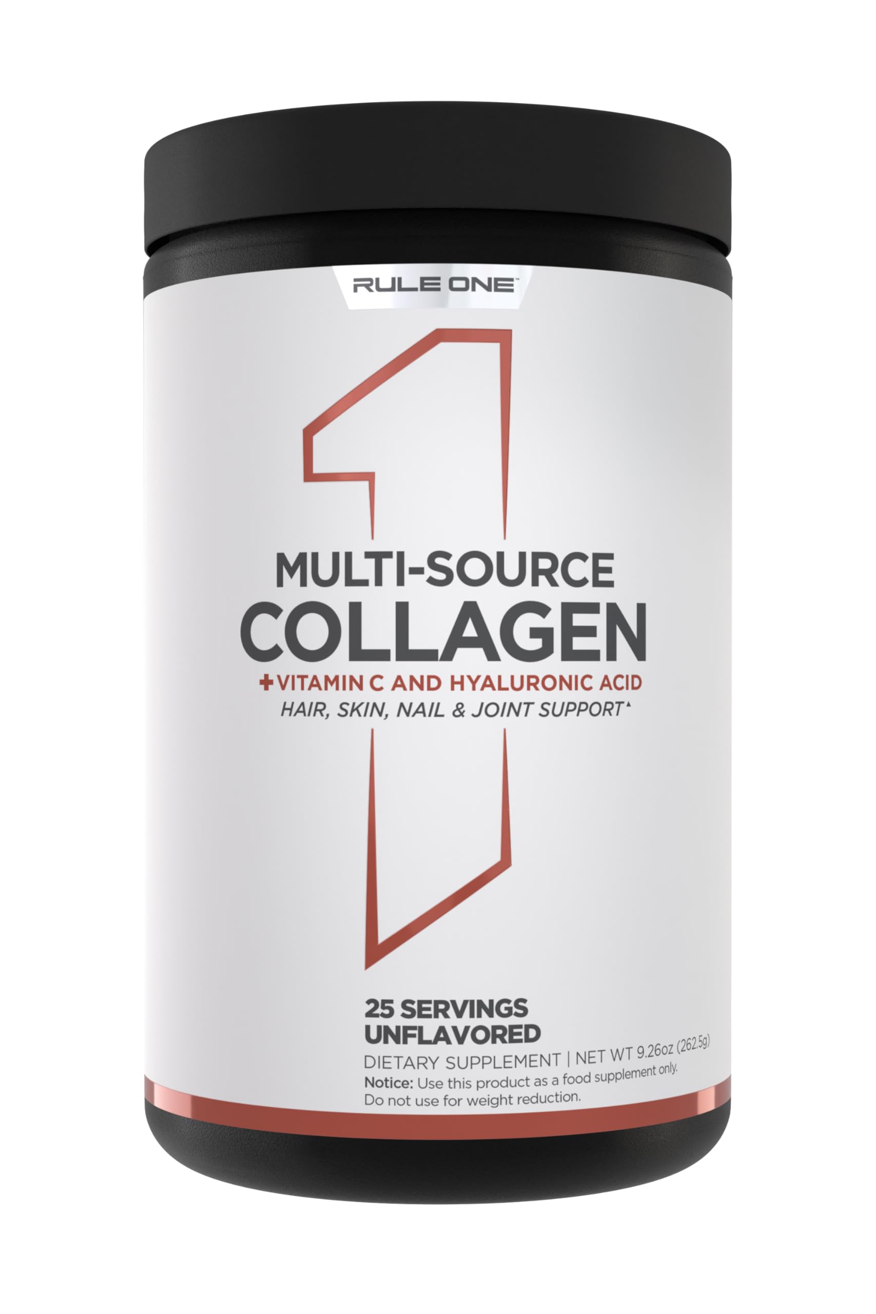 Rule1 Multi-Source Collagen : bouteille et poudre prête à ajouter pour cheveux et peau.