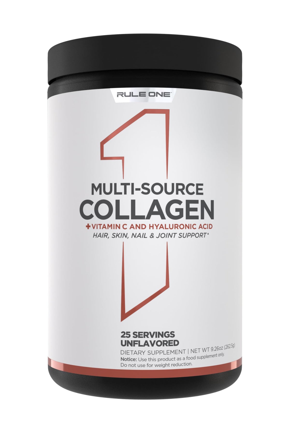Rule1 Multi-Source Collagen : bouteille et poudre prête à ajouter pour cheveux et peau.