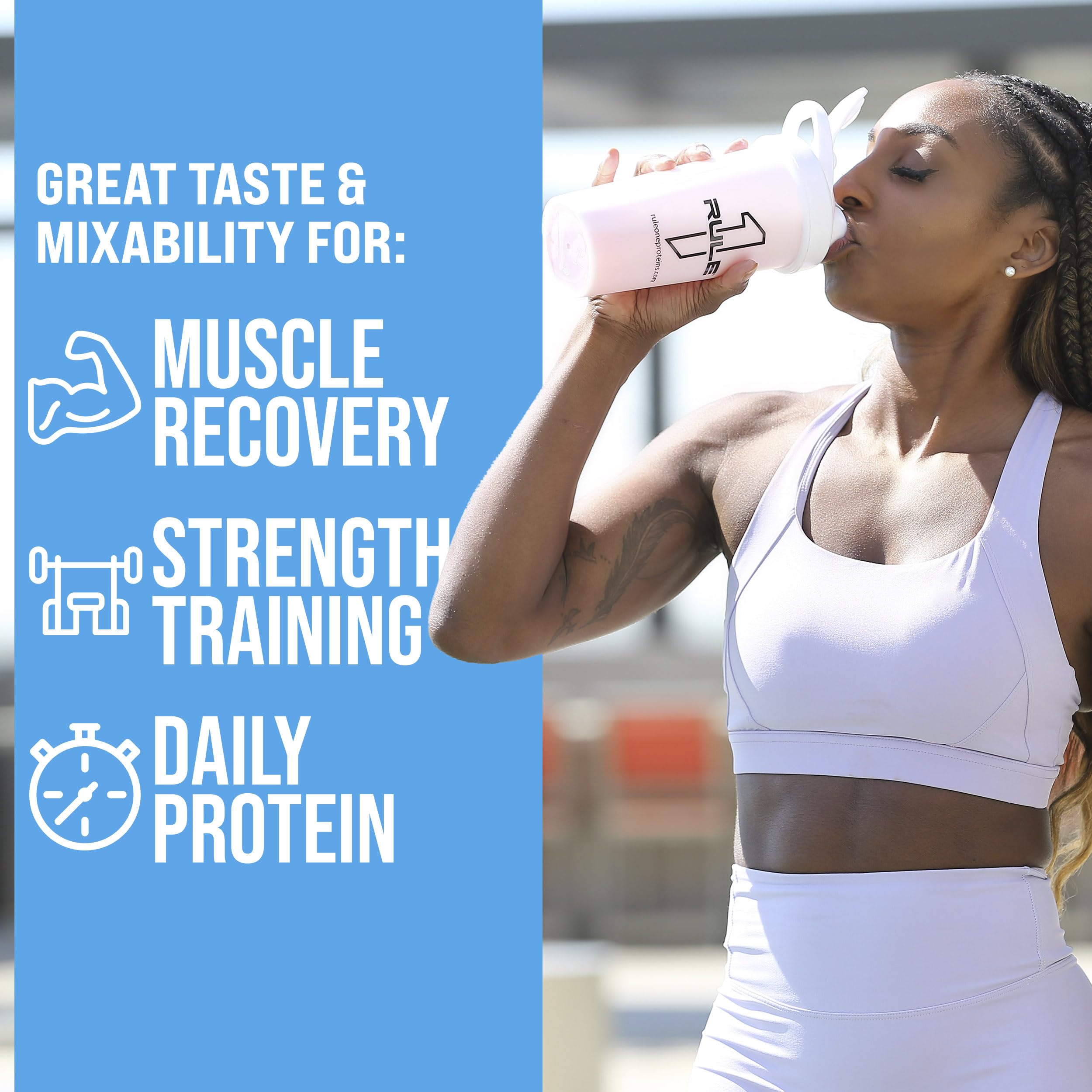 Étiquette nutritionnelle de Rule 1 Whey Protein affichant les valeurs clés.