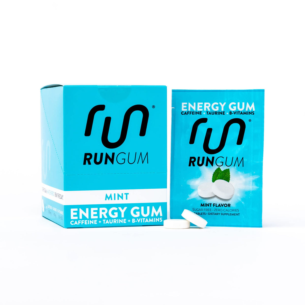 Run Gum menthe en paquet, énergie rapide, sans sucre.