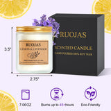 Bougie RUOJAS allumée Lavande et Citron, ambiance relaxante à domicile.