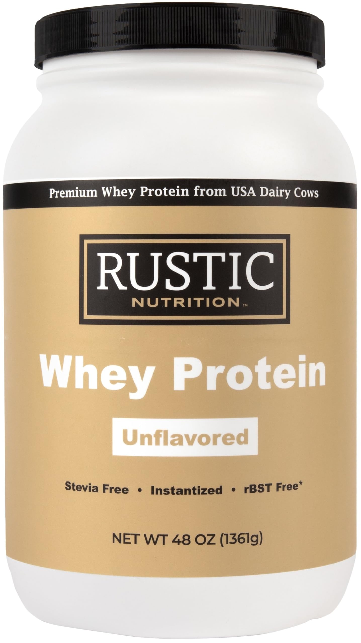 Rustic Nutrition whey protein emballage 48oz pratique et prêt pour démarrer votre routine protéinée.