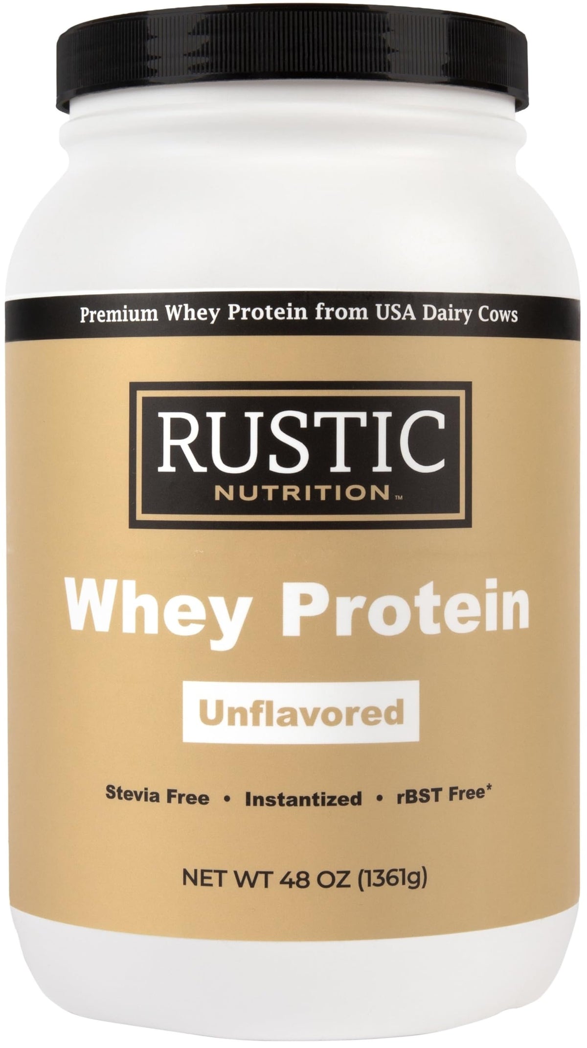 Rustic Nutrition whey protein emballage 48oz pratique et prêt pour démarrer votre routine protéinée.