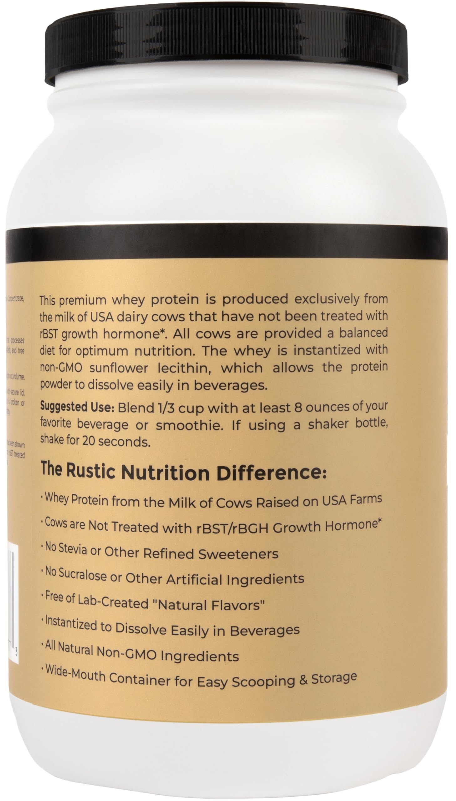 Rustic Nutrition whey-protéine mélange verre dissolution aisée pour boissons onctueuses.