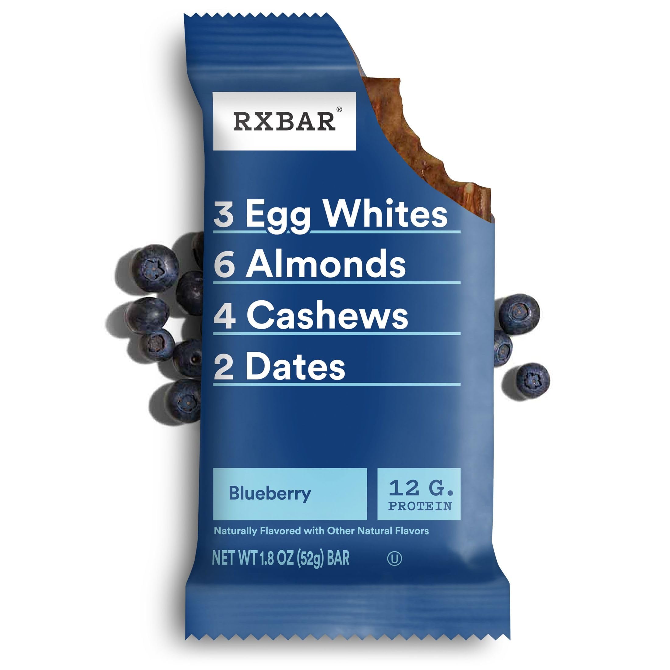 RXBAR myrtille, dattes comme liant naturel pour texture consistante.