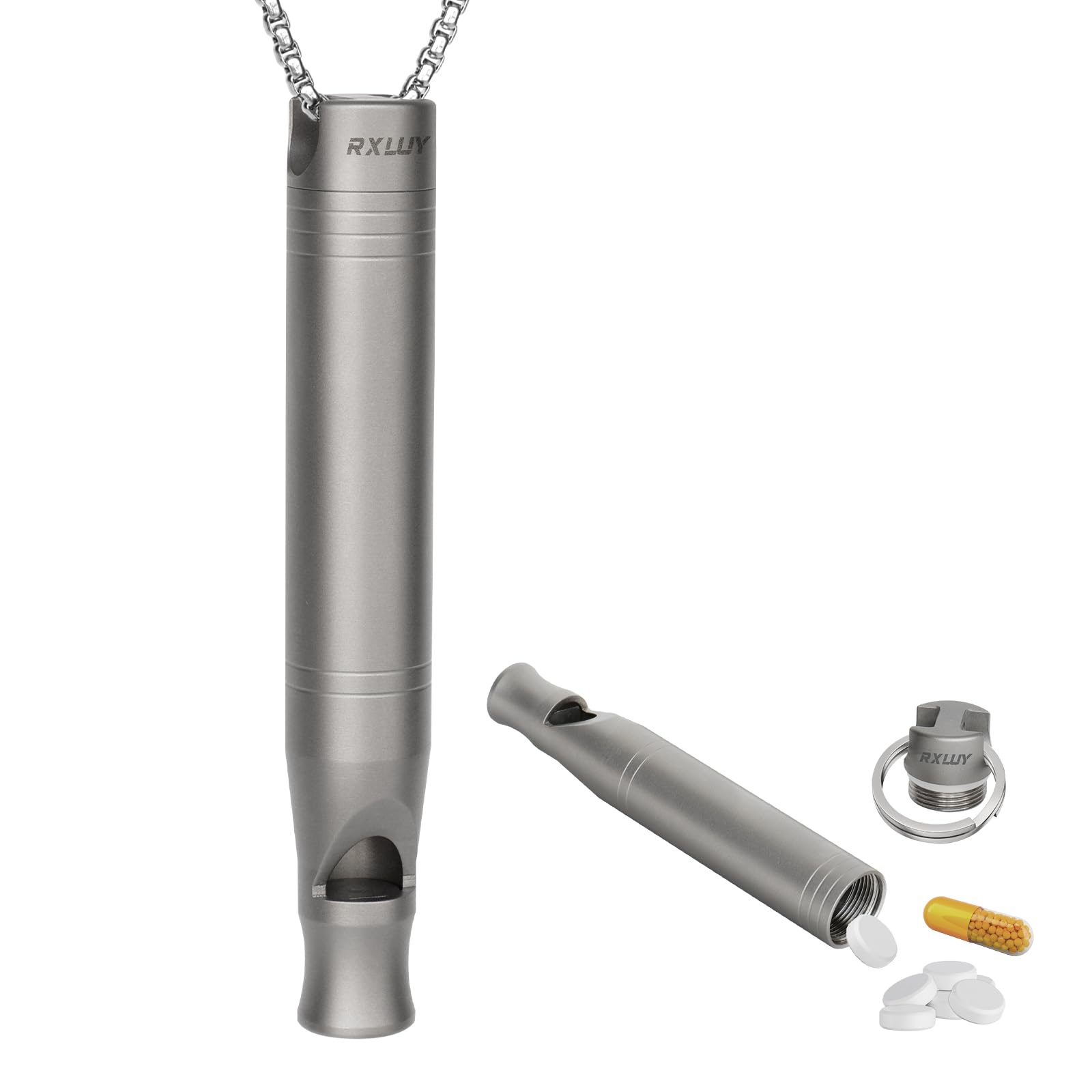 Sifflet titane RXLUY avec cache-pilules, sécurité santé en extérieur et rangement discret.