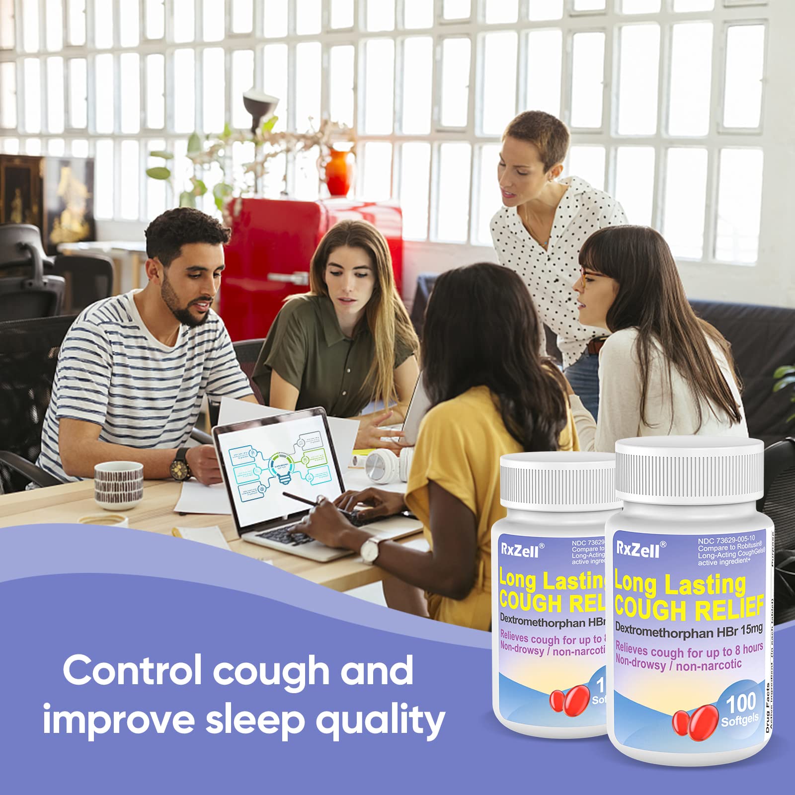 RXZELL présence de Dextrométhorphane HBr 15 mg pour le soutien respiratoire.