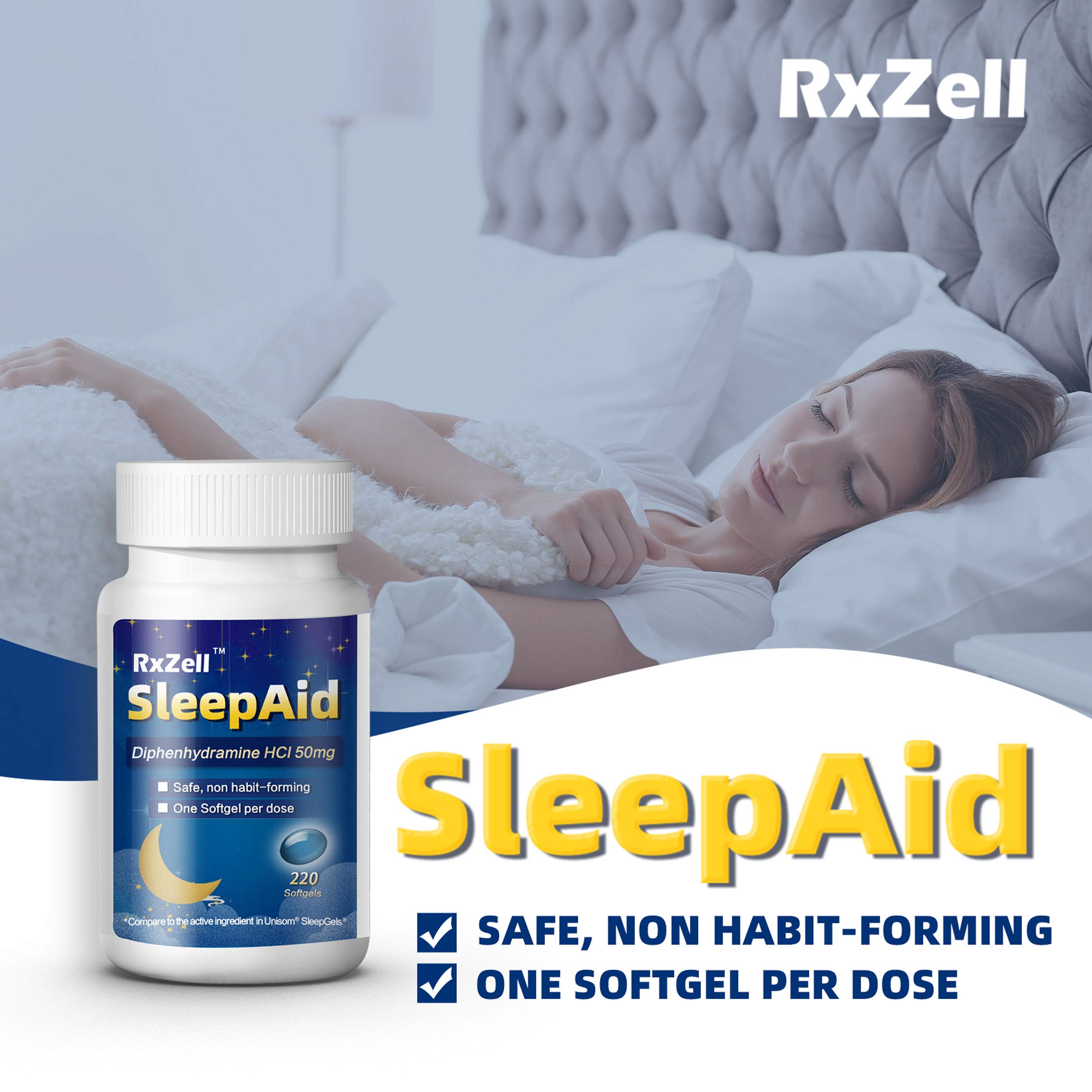 RXZELL Diphenhydramine-50mg, actif principal pour le sommeil possible.