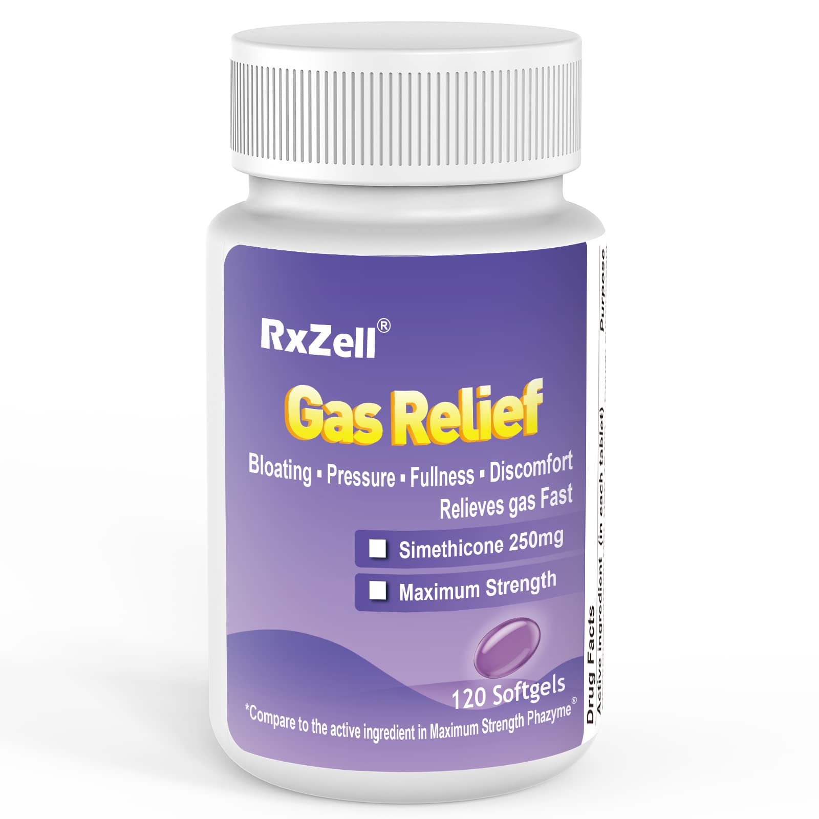 RXZELL gélules douces 250 mg en bouteille, soulagement rapide des gaz.