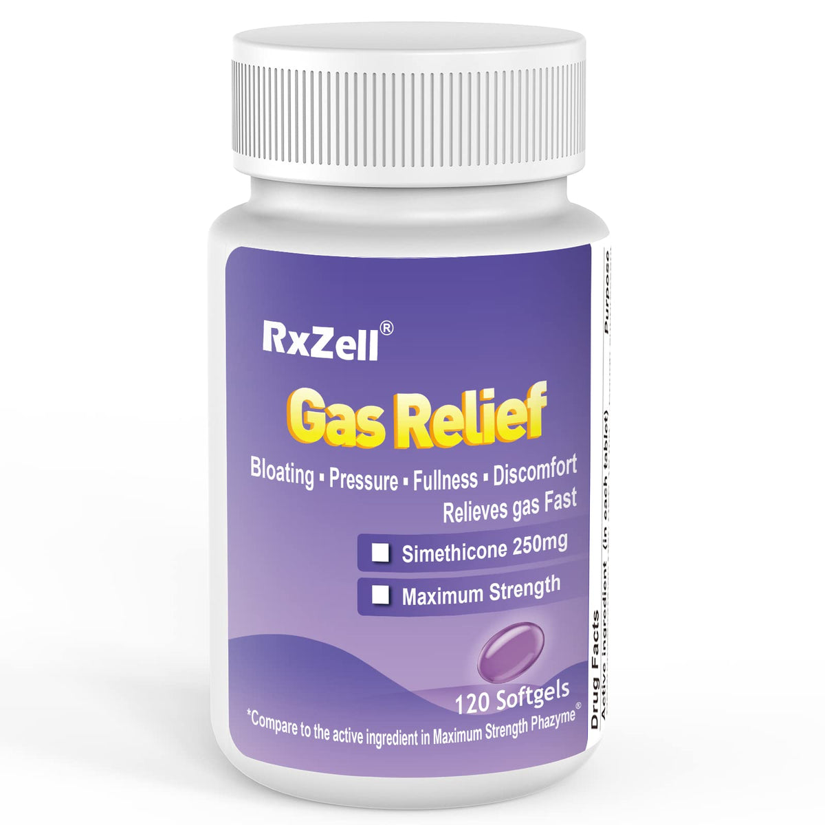 RXZELL gélules douces 250 mg en bouteille, soulagement rapide des gaz.