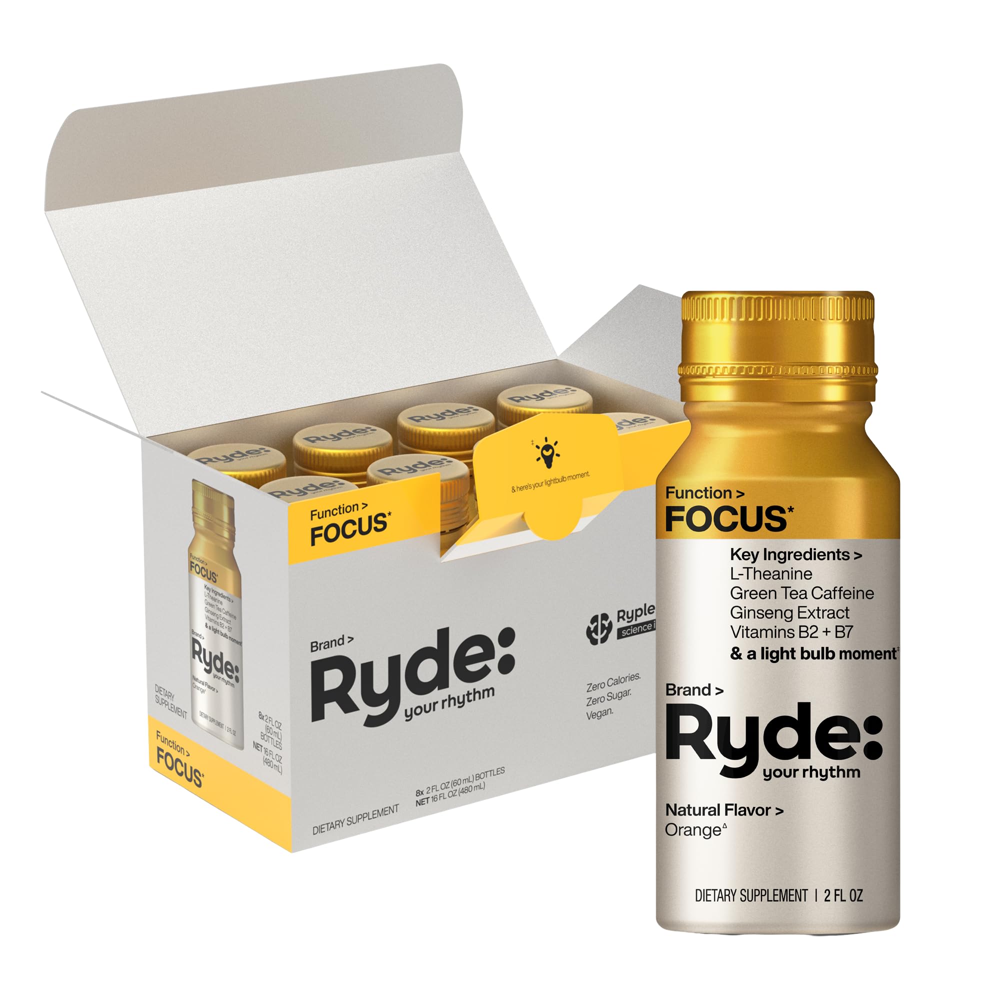 Ryde Focus Shot en bouteille orange, saveur naturelle, pour rester concentré pendant les tâches.