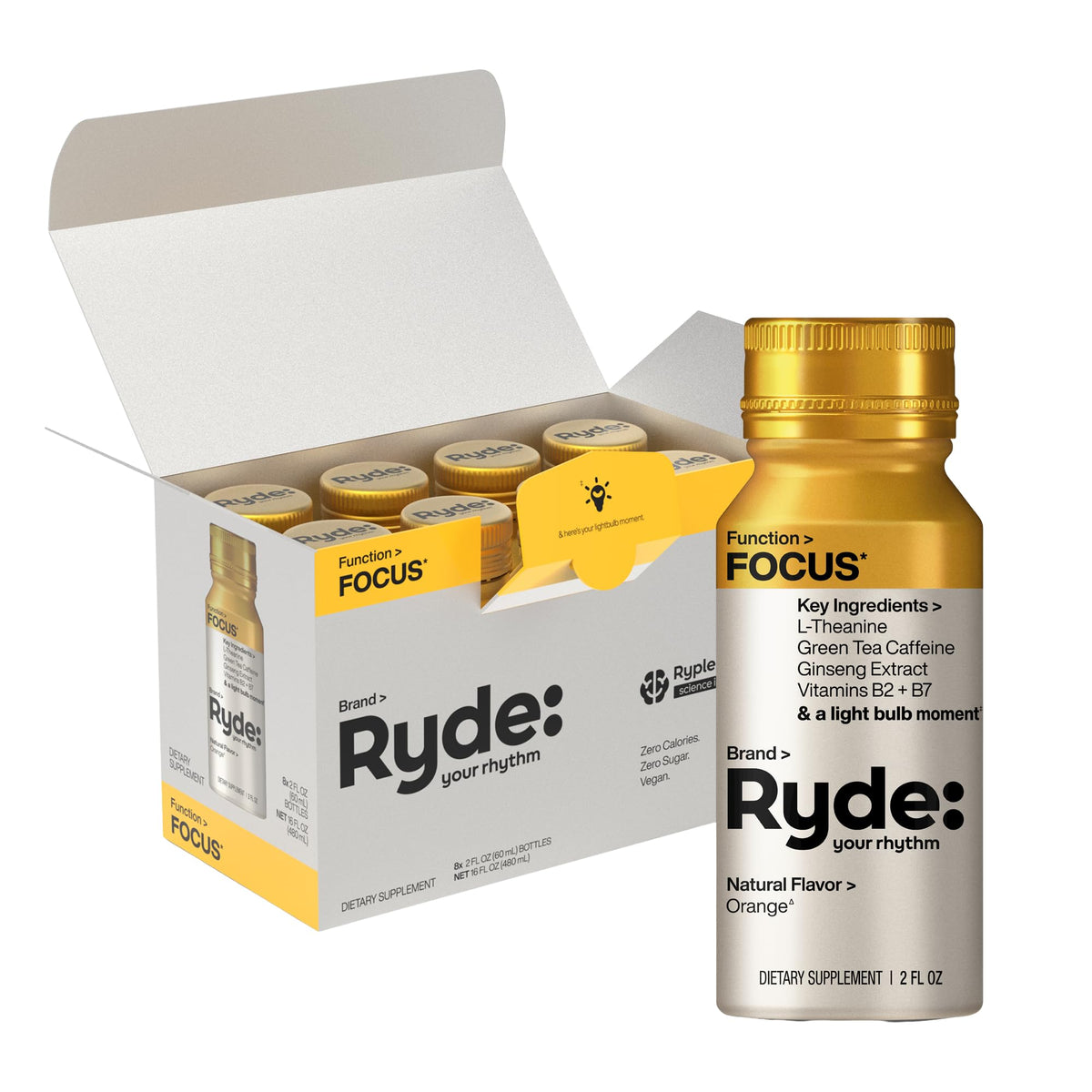 Ryde Focus Shot en bouteille orange, saveur naturelle, pour rester concentré pendant les tâches.