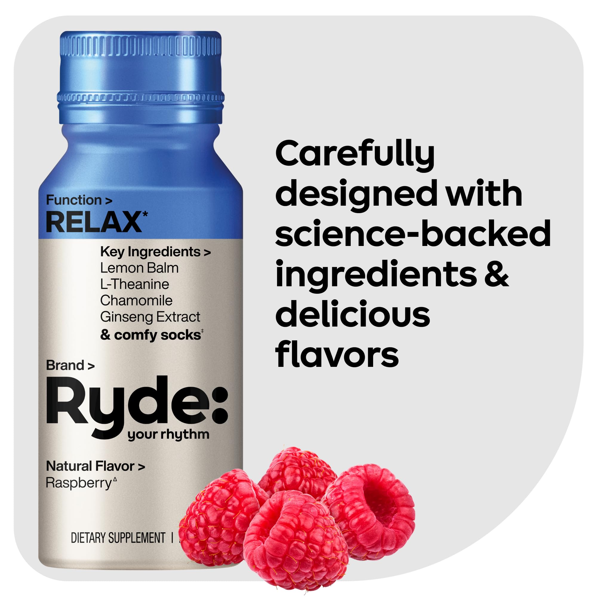 Ryde Relax Shot camomille, associée au ginseng pour le bien‑être.