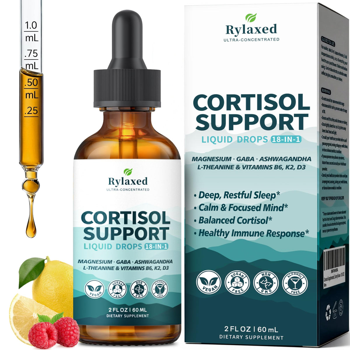 Gouttes cortisol Rylaxed au citron framboise, pour un moment de calme potentiel.
