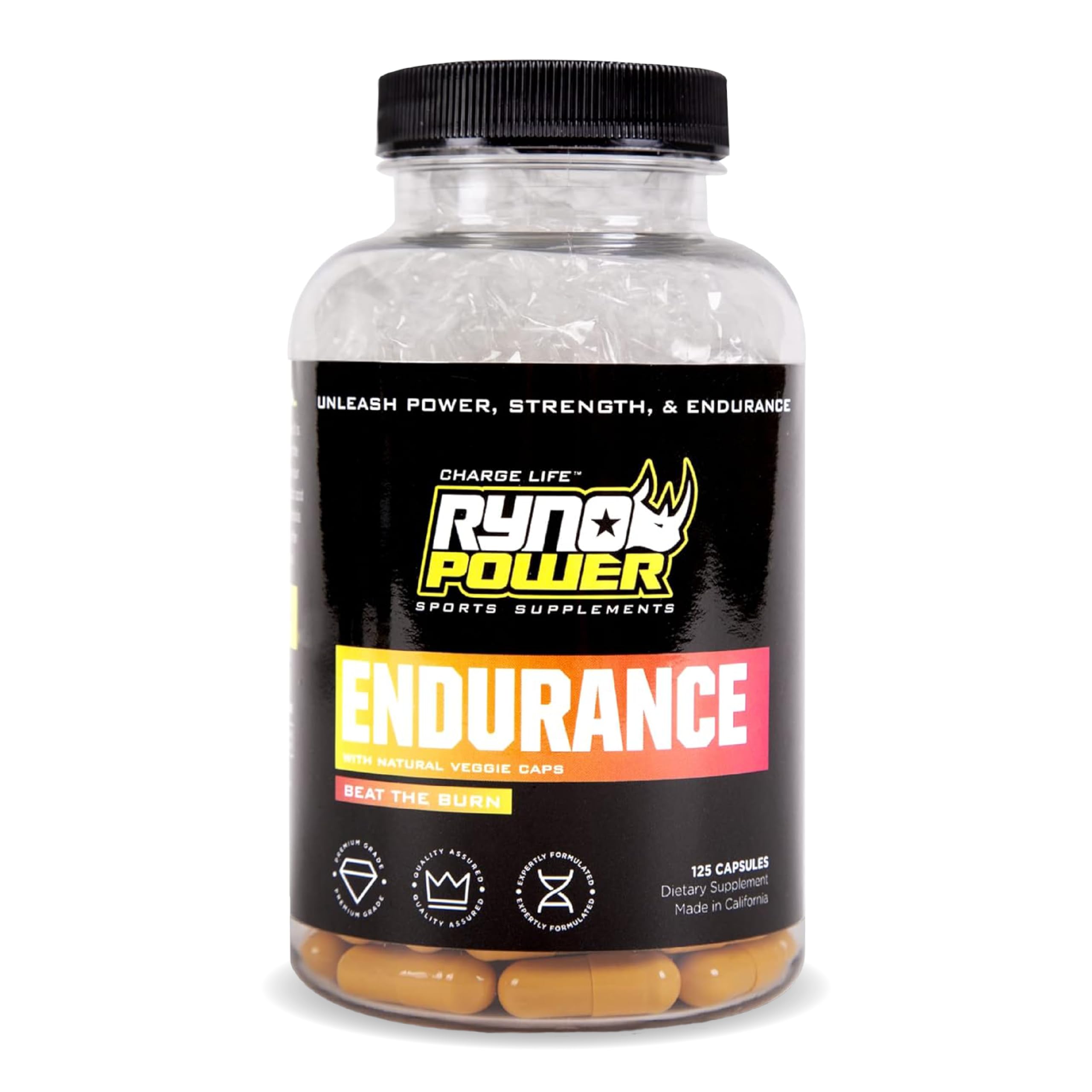 Capsules Ryno Power Endurance dans la bouteille, soutien potentiel pour vos séances quotidiennes.
