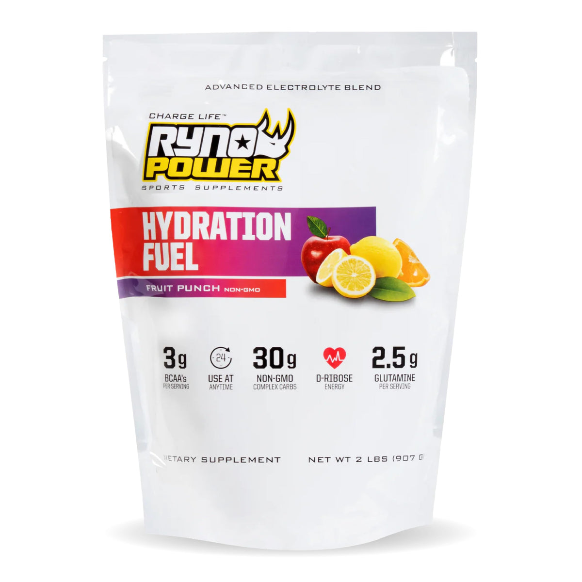 Poudre Ryno Power Hydration Fuel dans le sachet Fruit Punch prêt à mélanger.