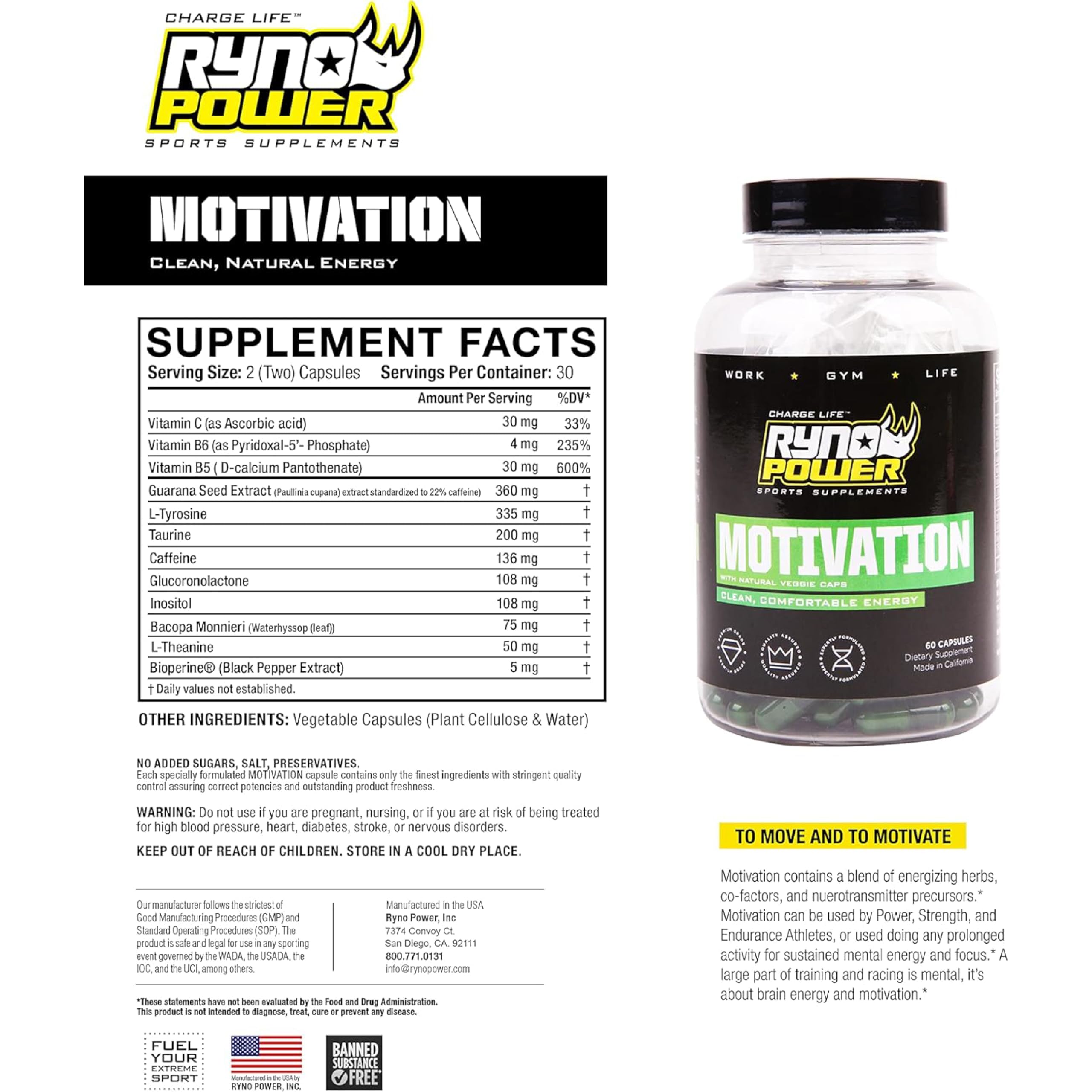 Ryno Power Motivation emballage capsules vegetales faciles à emporter.