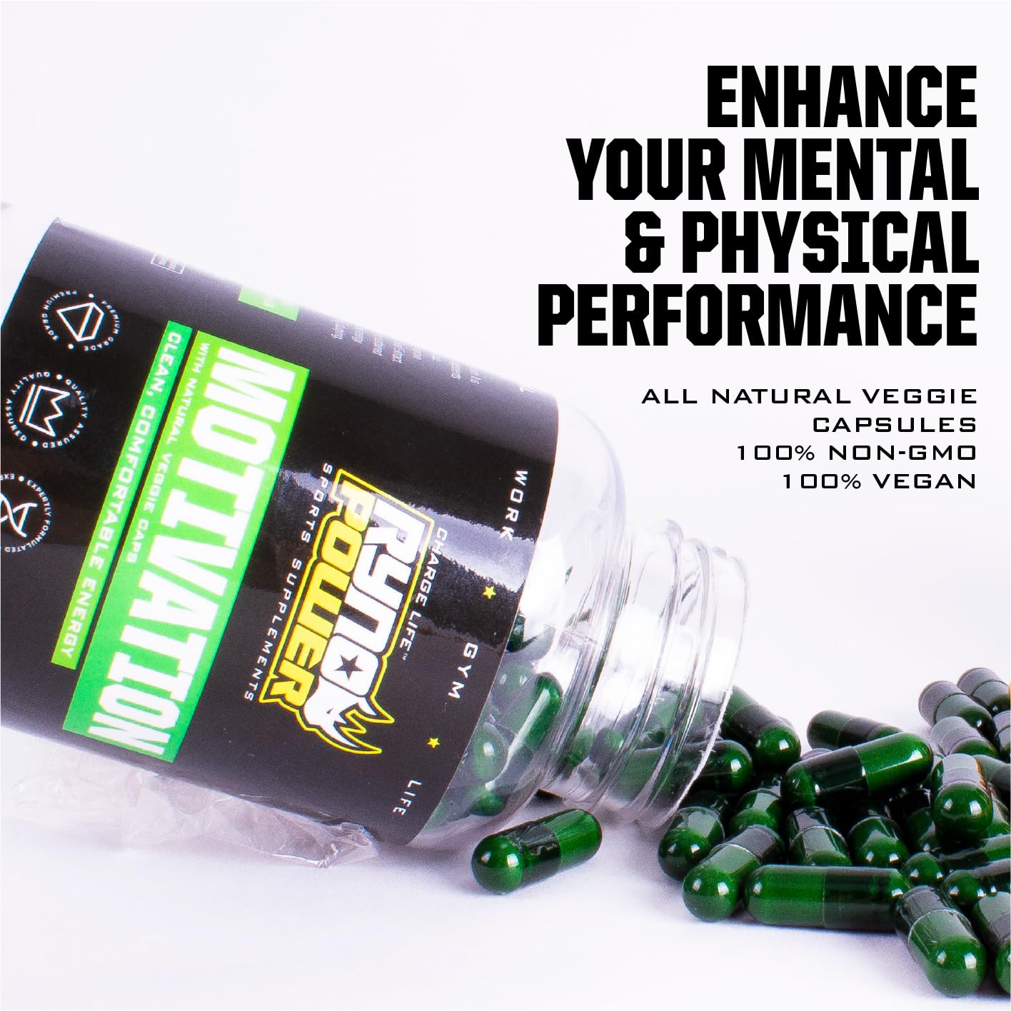 Ryno Power Motivation capsules vegetales énergie soutenue sans lourdeur.