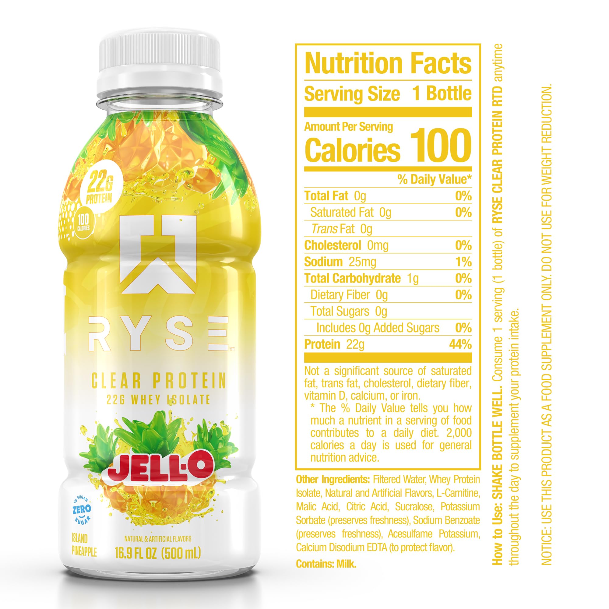 RYSE Clear Protein Drink Ananas Island, etiquette détaillée et nutrition sans sucre