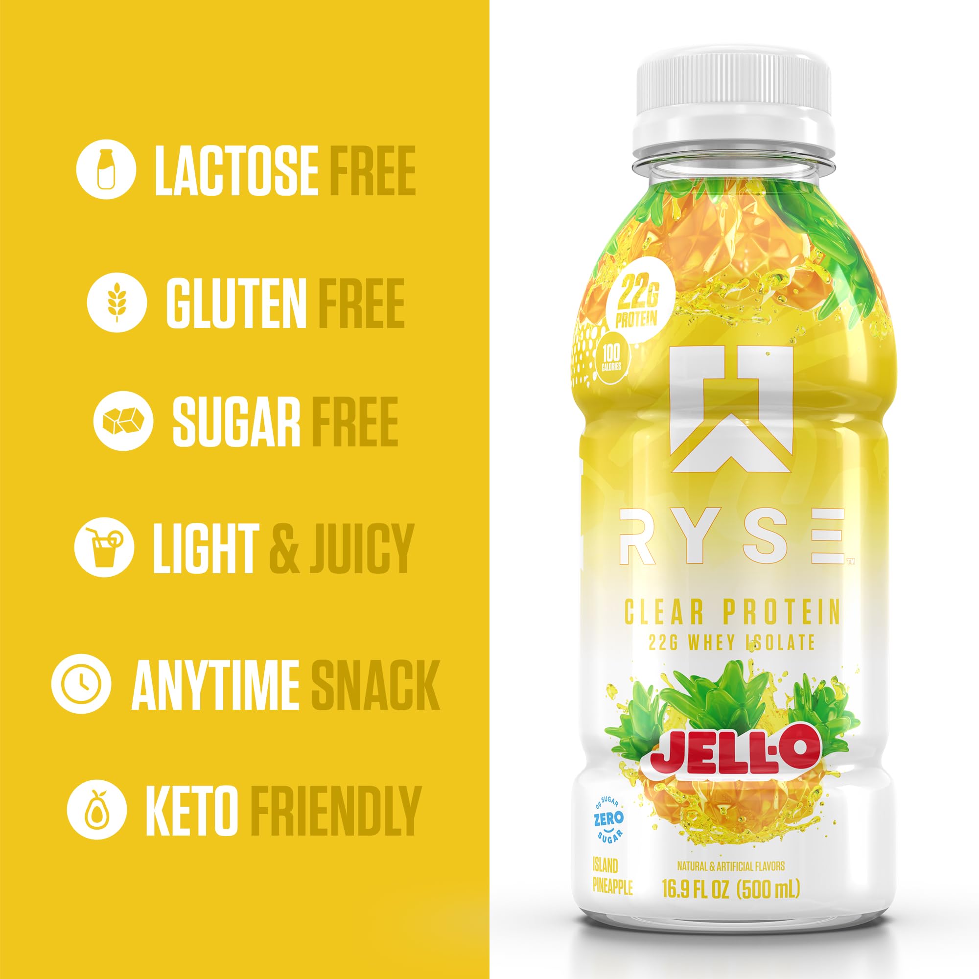 Ingrédients premium de RYSE Clear Protein Drink Ananas Island affichés clairement
