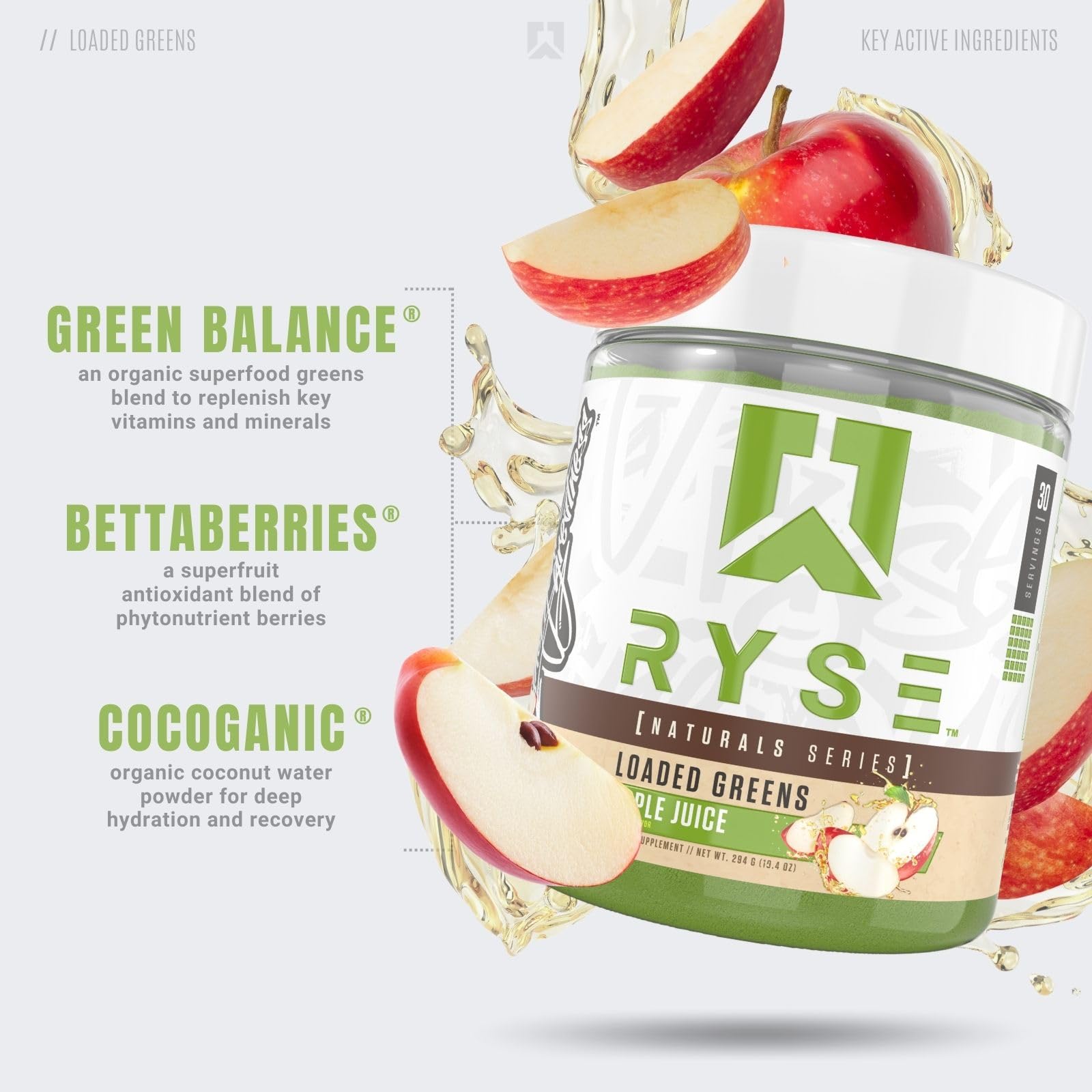 RYSE Loaded Greens : mélange verdure BettaBerries pour l'apport nutritionnel.