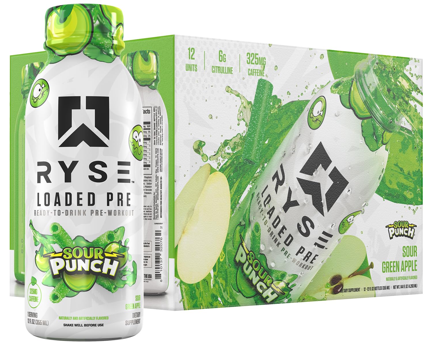 RYSE Loaded Pre-Workout : bouteille pomme verte acidulée prête à booster l’entraînement.
