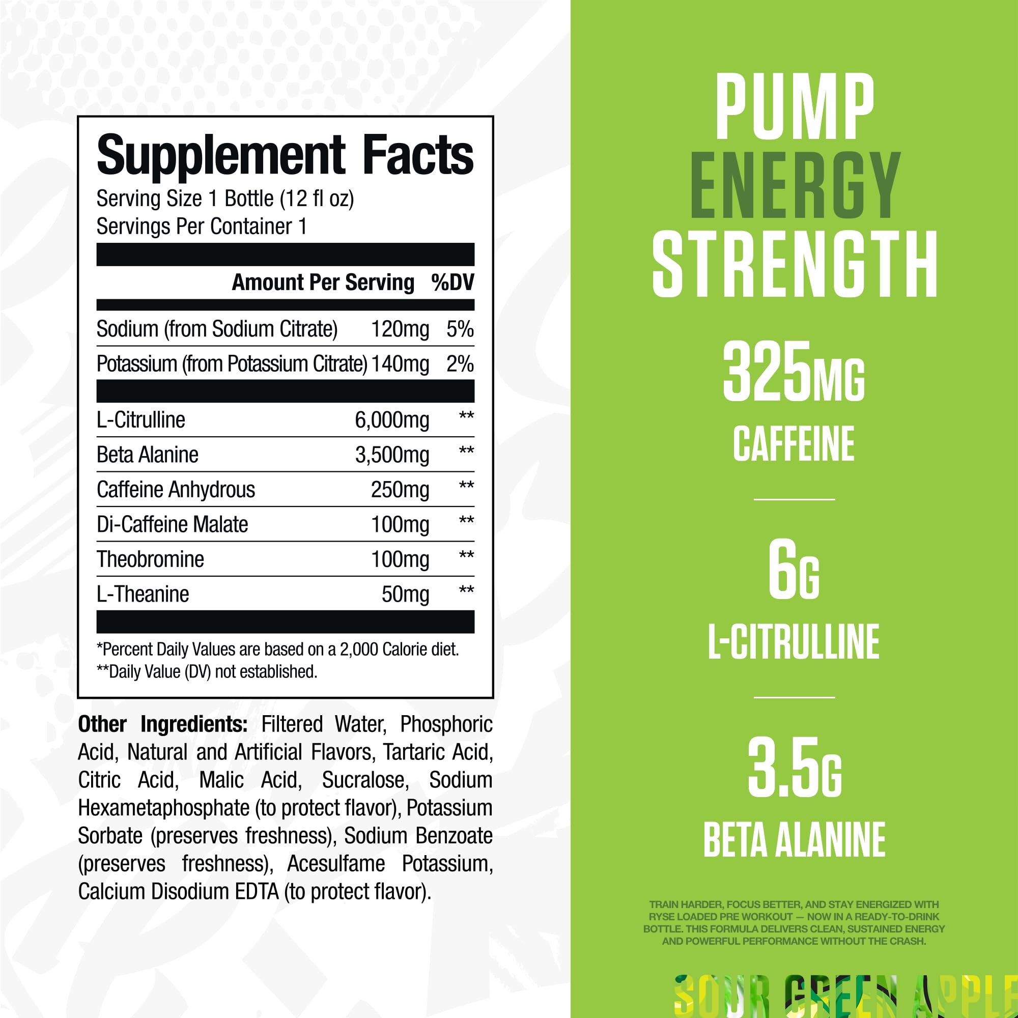 Étiquette Ryse Loaded Pre-Workout indiquant 325 mg de caféine pour énergie soutenue.